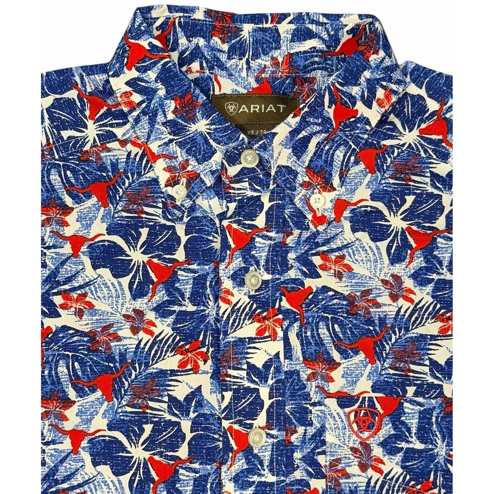 Ariat Men's Floral Hawaiian Shirt Blue Tropical Short Sleeve Button Down Cotton